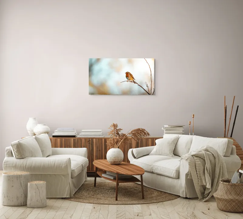 Tablou Canvas, "Piticul colorat în razele dimineții", Pasăre, Ramură, Cer, Lumină, Penaj, Natură, Solitudine, 90 x 50 cm – poza 4