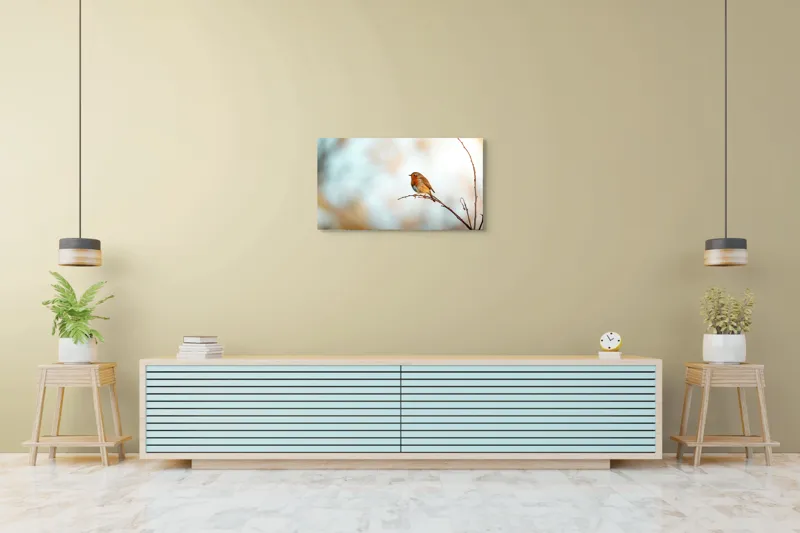 Tablou Canvas, "Piticul colorat în razele dimineții", Pasăre, Ramură, Cer, Lumină, Penaj, Natură, Solitudine, 90 x 50 cm – poza 5