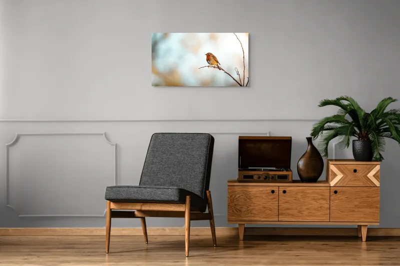 Tablou Canvas, "Piticul colorat în razele dimineții", Pasăre, Ramură, Cer, Lumină, Penaj, Natură, Solitudine, 90 x 50 cm – poza 6
