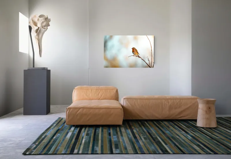 Tablou Canvas, "Piticul colorat în razele dimineții", Pasăre, Ramură, Cer, Lumină, Penaj, Natură, Solitudine, 90 x 50 cm – poza 8