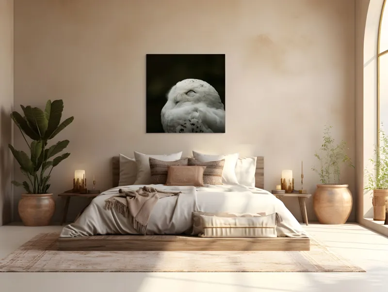 Tablou Canvas, "Bufnița în liniștea nopții adânci", Alb, Pufos, Somnoros, Odihnitor, Bland, Tacut, 100 x 100 cm – poza 4