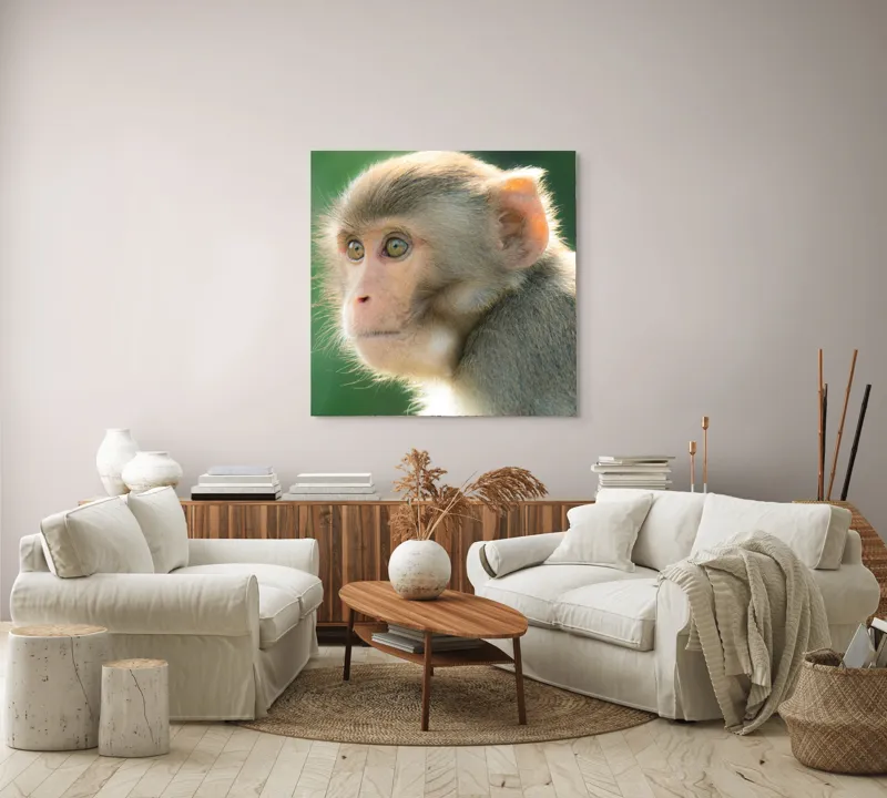 Tablou Canvas, "Privirea contemplativă a unei maimuțe", Ace, Liniste, Blandețe, Contemplare, Naturalete, Curiozitate, Verde, Privire, Blanita, Lumina, 100 x 100 cm – poza 3