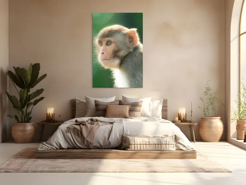 Tablou Canvas, "Privirea contemplativă a unei maimuțe", Ace, Liniste, Blandețe, Contemplare, Naturalete, Curiozitate, Verde, Privire, Blanita, Lumina, 100 x 150 cm – poza 3