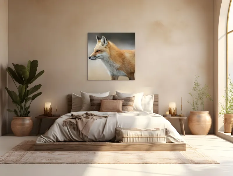 Tablou Canvas, "Vulpe gânditoare în lumina dimineții", Vulpe, Roșcată, Blană, Urechi, Privire, Lateral, Natură, Animale, Sălbatică, Frumusețe, 100 x 100 cm – poza 4