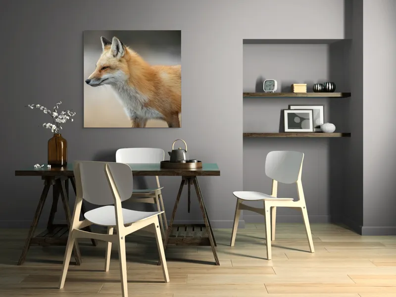 Tablou Canvas, "Vulpe gânditoare în lumina dimineții", Vulpe, Roșcată, Blană, Urechi, Privire, Lateral, Natură, Animale, Sălbatică, Frumusețe, 100 x 100 cm – poza 6