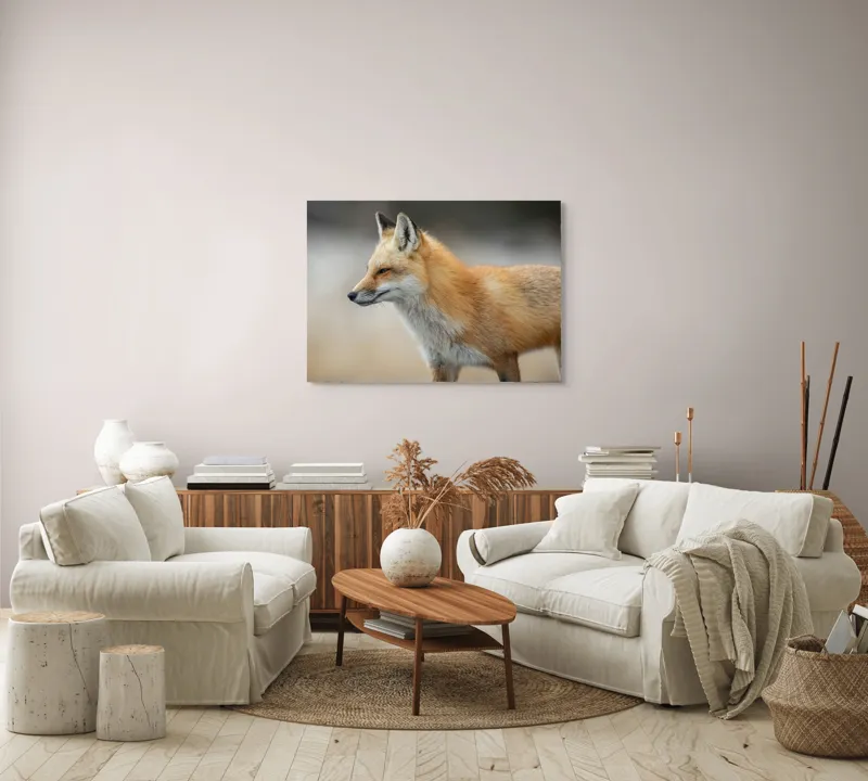 Tablou Canvas, "Vulpe gânditoare în lumina dimineții", Vulpe, Roșcată, Blană, Urechi, Privire, Lateral, Natură, Animale, Sălbatică, Frumusețe, 100 x 70 cm – poza 3