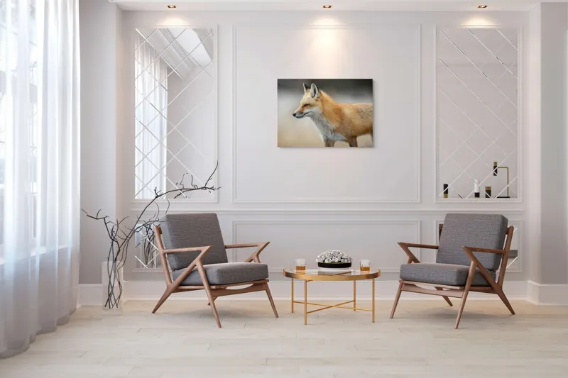 Tablou Canvas, "Vulpe gânditoare în lumina dimineții", Vulpe, Roșcată, Blană, Urechi, Privire, Lateral, Natură, Animale, Sălbatică, Frumusețe, 100 x 70 cm – poza 5