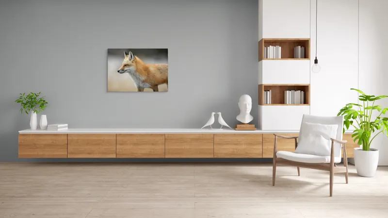 Tablou Canvas, "Vulpe gânditoare în lumina dimineții", Vulpe, Roșcată, Blană, Urechi, Privire, Lateral, Natură, Animale, Sălbatică, Frumusețe, 100 x 70 cm – poza 6