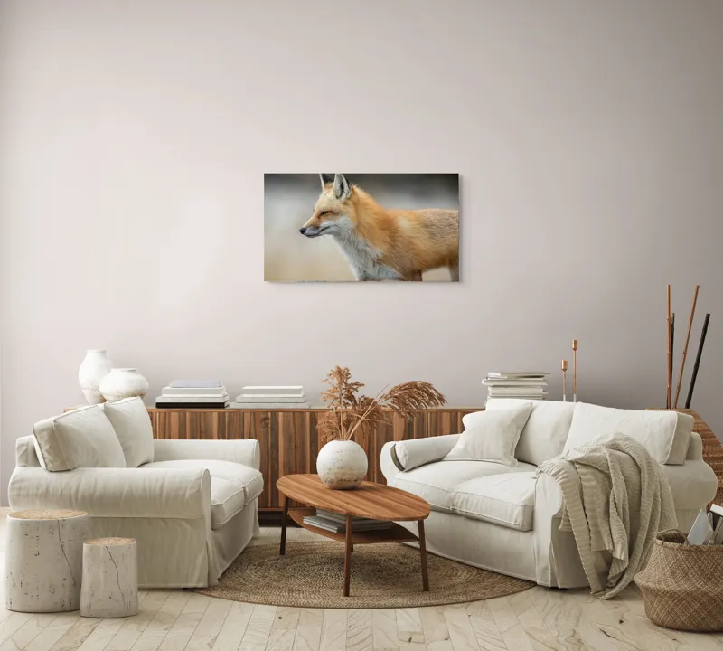 Tablou Canvas, "Vulpe gânditoare în lumina dimineții", Vulpe, Roșcată, Blană, Urechi, Privire, Lateral, Natură, Animale, Sălbatică, Frumusețe, 90 x 50 cm – poza 4