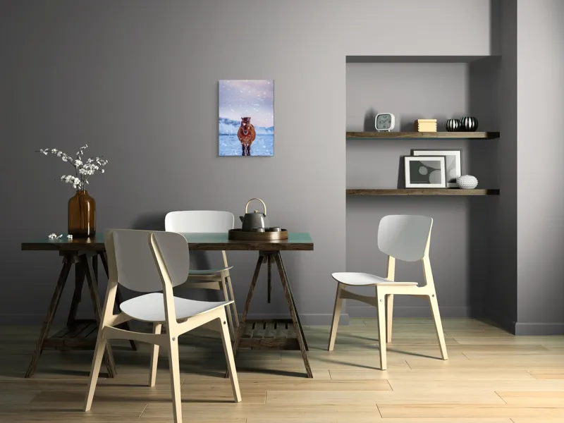 Tablou Canvas, "Cal pășind prin ninsoare liniștită", Cal, Zăpadă, Munți, Cer Roz, Peisaj, Frig, Solitudine, 39 x 54 cm – poza 7