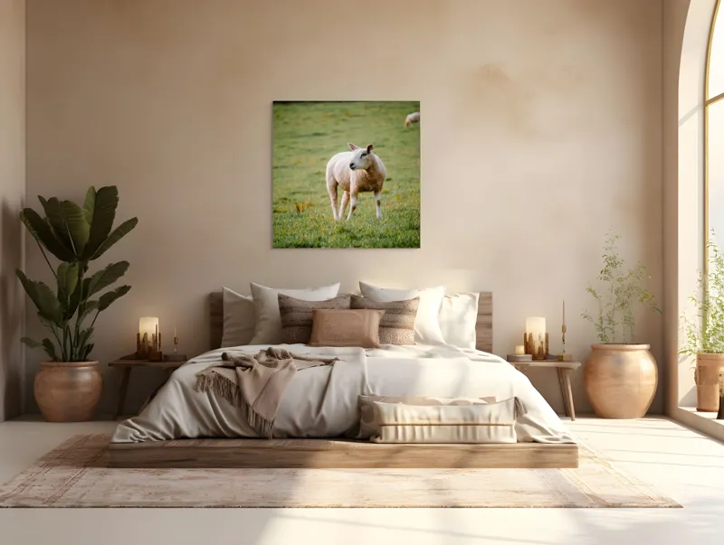 Tablou Canvas, "Oaia rătăcind pe pajiștea verde", Oaie, Câmp, Verdeață, Liniște, Natură, Pășune, 100 x 100 cm – poza 4