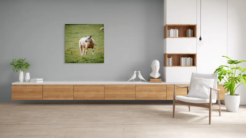 Tablou Canvas, "Oaia rătăcind pe pajiștea verde", Oaie, Câmp, Verdeață, Liniște, Natură, Pășune, 100 x 100 cm – poza 8