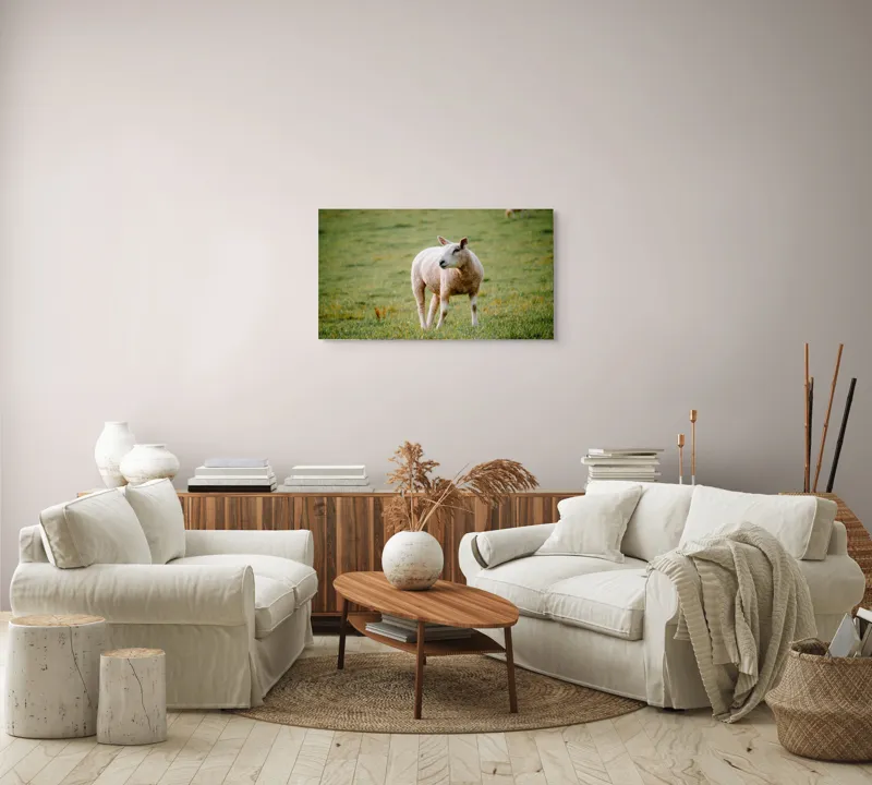 Tablou Canvas, "Oaia rătăcind pe pajiștea verde", Oaie, Câmp, Verdeață, Liniște, Natură, Pășune, 90 x 50 cm – poza 4