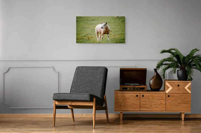 Tablou Canvas, "Oaia rătăcind pe pajiștea verde", Oaie, Câmp, Verdeață, Liniște, Natură, Pășune, 90 x 50 cm – poza 6