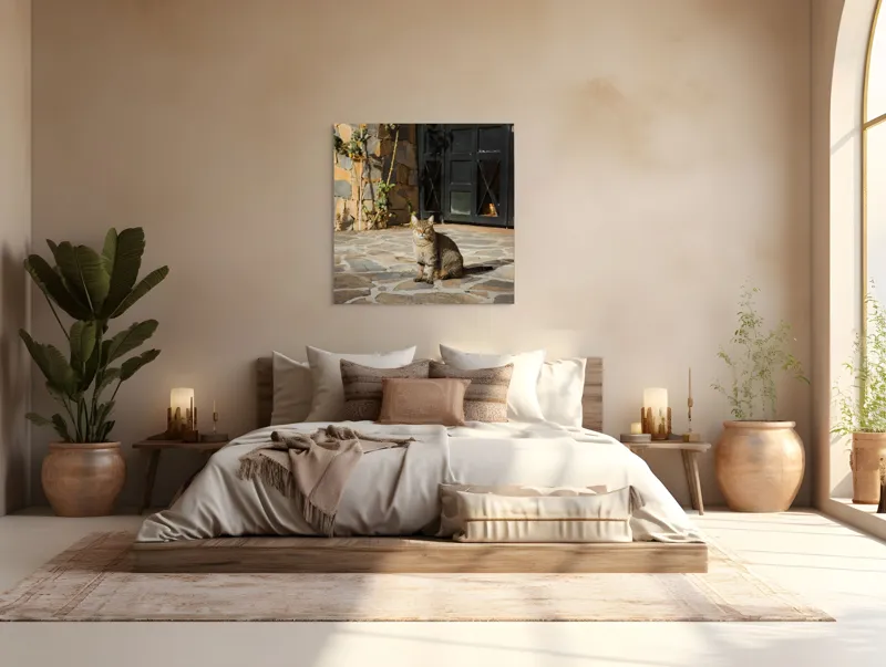 Tablou Canvas, "Pisica torcând la soare matinal", Pisică, Soare, Umbre, Pavaj, Ușă, Zid, Ferestre, Tufă, Frunze., 100 x 100 cm – poza 4