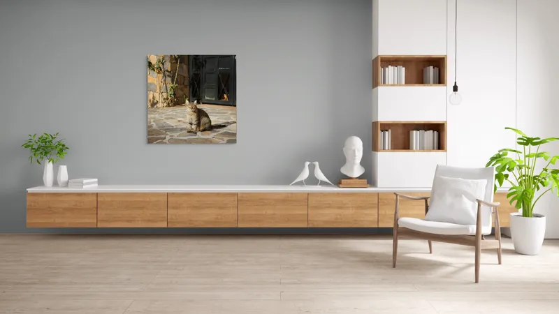 Tablou Canvas, "Pisica torcând la soare matinal", Pisică, Soare, Umbre, Pavaj, Ușă, Zid, Ferestre, Tufă, Frunze., 100 x 100 cm – poza 8
