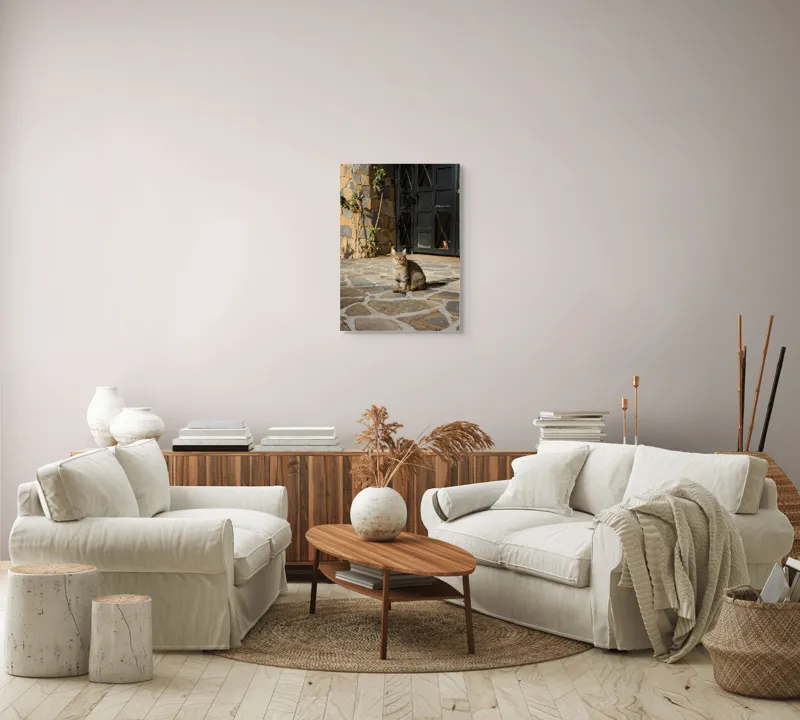 Tablou Canvas, "Pisica torcând la soare matinal", Pisică, Soare, Umbre, Pavaj, Ușă, Zid, Ferestre, Tufă, Frunze., 50 x 70 cm – poza 4