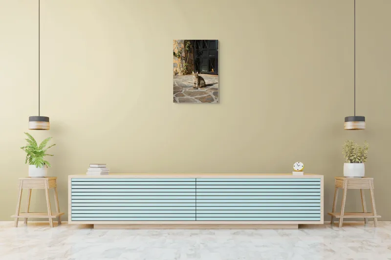 Tablou Canvas, "Pisica torcând la soare matinal", Pisică, Soare, Umbre, Pavaj, Ușă, Zid, Ferestre, Tufă, Frunze., 50 x 70 cm – poza 6