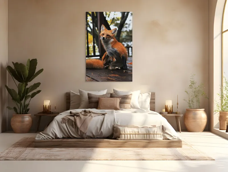 Tablou Canvas, "Vulpea pe verandă în amurg", Nu știu cine este în imagine, dar pot să descriu ce văd: vulpea arată drăguț și alertă pe podeaua de lemn., 100 x 150 cm – poza 3