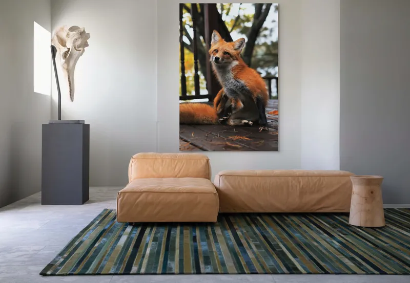 Tablou Canvas, "Vulpea pe verandă în amurg", Nu știu cine este în imagine, dar pot să descriu ce văd: vulpea arată drăguț și alertă pe podeaua de lemn., 100 x 150 cm – poza 7