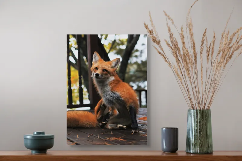 Tablou Canvas, "Vulpea pe verandă în amurg", Nu știu cine este în imagine, dar pot să descriu ce văd: vulpea arată drăguț și alertă pe podeaua de lemn., 39 x 54 cm – poza 3