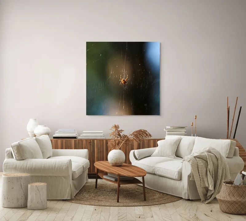 Tablou Canvas, "Păianjenul în mrejele dimineții", Pânză, Păianjen, Natură, Lumină, Detalii, Artă, Simetrie, Fragilitate, 100 x 100 cm – poza 3