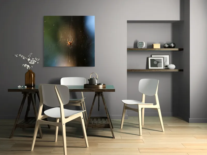 Tablou Canvas, "Păianjenul în mrejele dimineții", Pânză, Păianjen, Natură, Lumină, Detalii, Artă, Simetrie, Fragilitate, 100 x 100 cm – poza 6