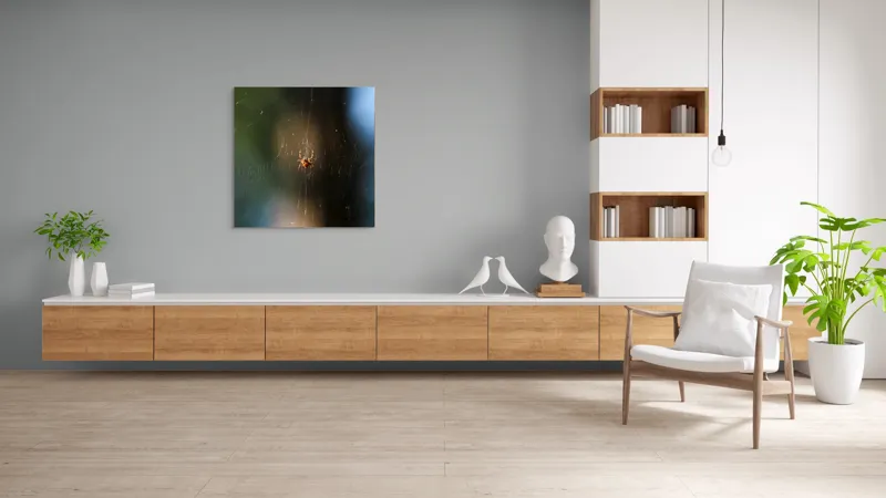 Tablou Canvas, "Păianjenul în mrejele dimineții", Pânză, Păianjen, Natură, Lumină, Detalii, Artă, Simetrie, Fragilitate, 100 x 100 cm – poza 8