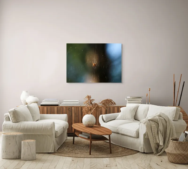 Tablou Canvas, "Păianjenul în mrejele dimineții", Pânză, Păianjen, Natură, Lumină, Detalii, Artă, Simetrie, Fragilitate, 100 x 70 cm – poza 3