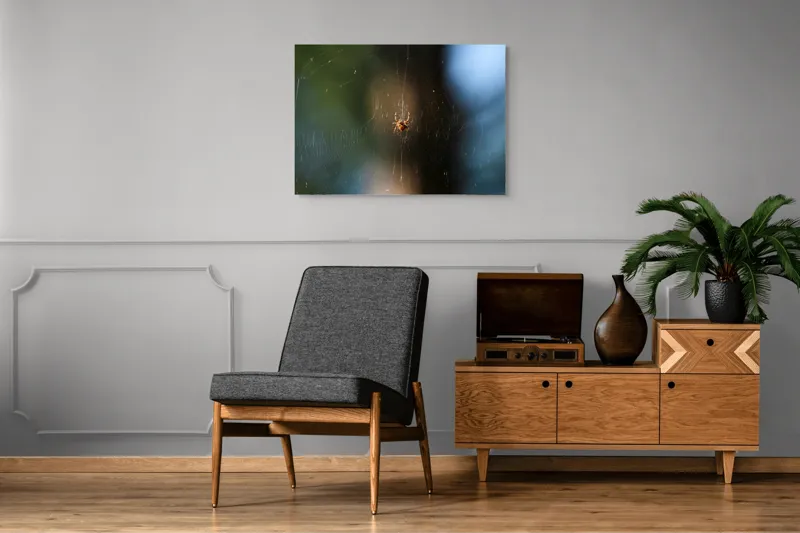 Tablou Canvas, "Păianjenul în mrejele dimineții", Pânză, Păianjen, Natură, Lumină, Detalii, Artă, Simetrie, Fragilitate, 100 x 70 cm – poza 8