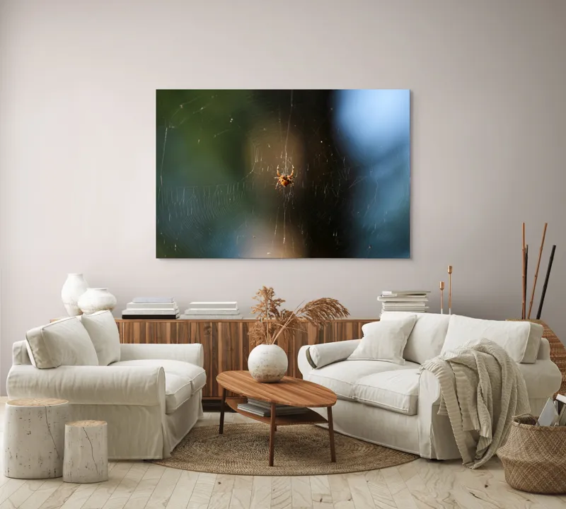 Tablou Canvas, "Păianjenul în mrejele dimineții", Pânză, Păianjen, Natură, Lumină, Detalii, Artă, Simetrie, Fragilitate, 150 x 100 cm – poza 3