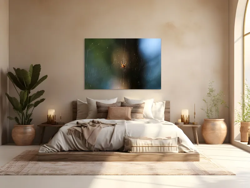 Tablou Canvas, "Păianjenul în mrejele dimineții", Pânză, Păianjen, Natură, Lumină, Detalii, Artă, Simetrie, Fragilitate, 150 x 100 cm – poza 4