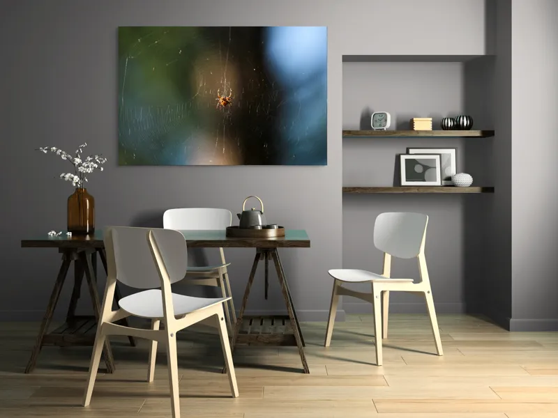 Tablou Canvas, "Păianjenul în mrejele dimineții", Pânză, Păianjen, Natură, Lumină, Detalii, Artă, Simetrie, Fragilitate, 150 x 100 cm – poza 5