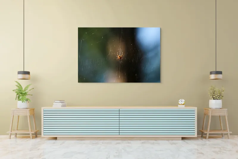 Tablou Canvas, "Păianjenul în mrejele dimineții", Pânză, Păianjen, Natură, Lumină, Detalii, Artă, Simetrie, Fragilitate, 150 x 100 cm – poza 6