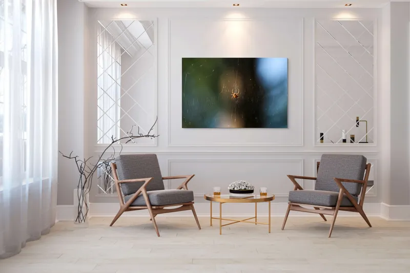 Tablou Canvas, "Păianjenul în mrejele dimineții", Pânză, Păianjen, Natură, Lumină, Detalii, Artă, Simetrie, Fragilitate, 150 x 100 cm – poza 7