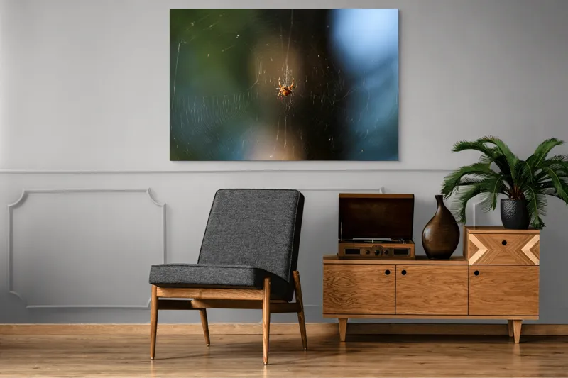 Tablou Canvas, "Păianjenul în mrejele dimineții", Pânză, Păianjen, Natură, Lumină, Detalii, Artă, Simetrie, Fragilitate, 150 x 100 cm – poza 8