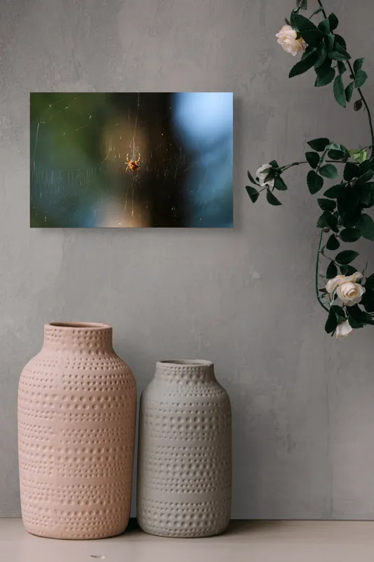 Tablou Canvas, "Păianjenul în mrejele dimineții", Pânză, Păianjen, Natură, Lumină, Detalii, Artă, Simetrie, Fragilitate, 39 x 26 cm – poza 4