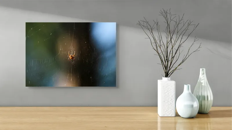 Tablou Canvas, "Păianjenul în mrejele dimineții", Pânză, Păianjen, Natură, Lumină, Detalii, Artă, Simetrie, Fragilitate, 54 x 39 cm – poza 3