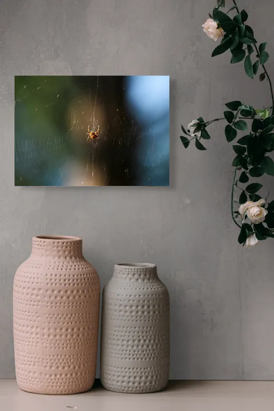 Tablou Canvas, "Păianjenul în mrejele dimineții", Pânză, Păianjen, Natură, Lumină, Detalii, Artă, Simetrie, Fragilitate, 54 x 39 cm – poza 8