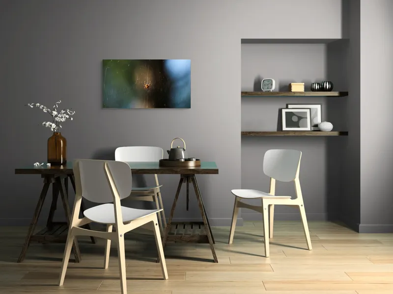 Tablou Canvas, "Păianjenul în mrejele dimineții", Pânză, Păianjen, Natură, Lumină, Detalii, Artă, Simetrie, Fragilitate, 90 x 50 cm – poza 3