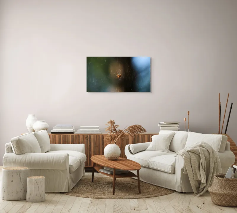 Tablou Canvas, "Păianjenul în mrejele dimineții", Pânză, Păianjen, Natură, Lumină, Detalii, Artă, Simetrie, Fragilitate, 90 x 50 cm – poza 4