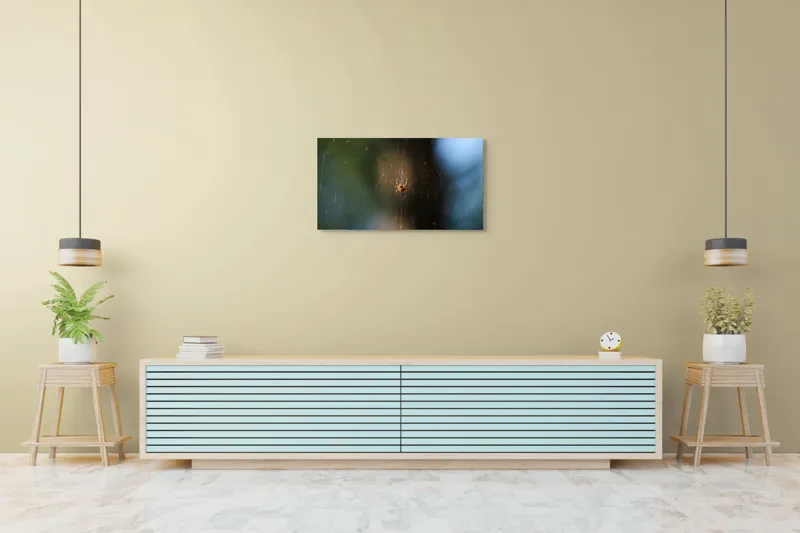 Tablou Canvas, "Păianjenul în mrejele dimineții", Pânză, Păianjen, Natură, Lumină, Detalii, Artă, Simetrie, Fragilitate, 90 x 50 cm – poza 5