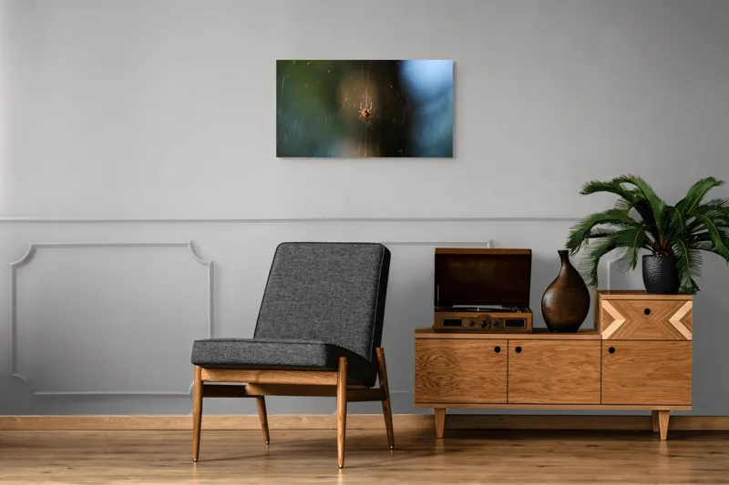 Tablou Canvas, "Păianjenul în mrejele dimineții", Pânză, Păianjen, Natură, Lumină, Detalii, Artă, Simetrie, Fragilitate, 90 x 50 cm – poza 6