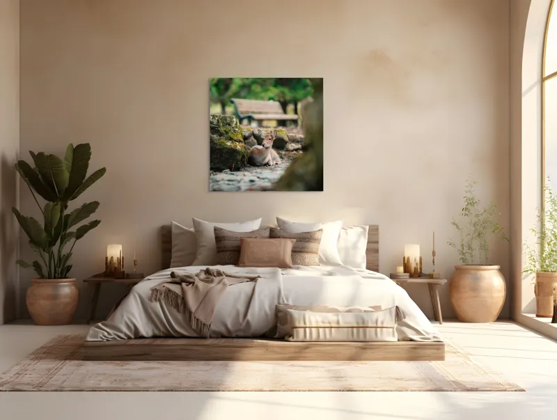 Tablou Canvas, "Caprioara odihnindu-se în pădurea liniștită", Deer, Nature, Resting, Tranquil, Forest, Bench, Mossy, Stones, Serene, 100 x 100 cm – poza 4