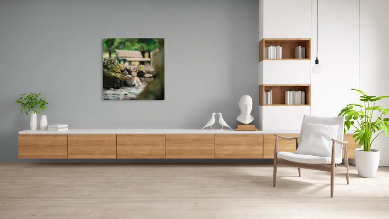 Tablou Canvas, "Caprioara odihnindu-se în pădurea liniștită", Deer, Nature, Resting, Tranquil, Forest, Bench, Mossy, Stones, Serene, 100 x 100 cm – poza 8