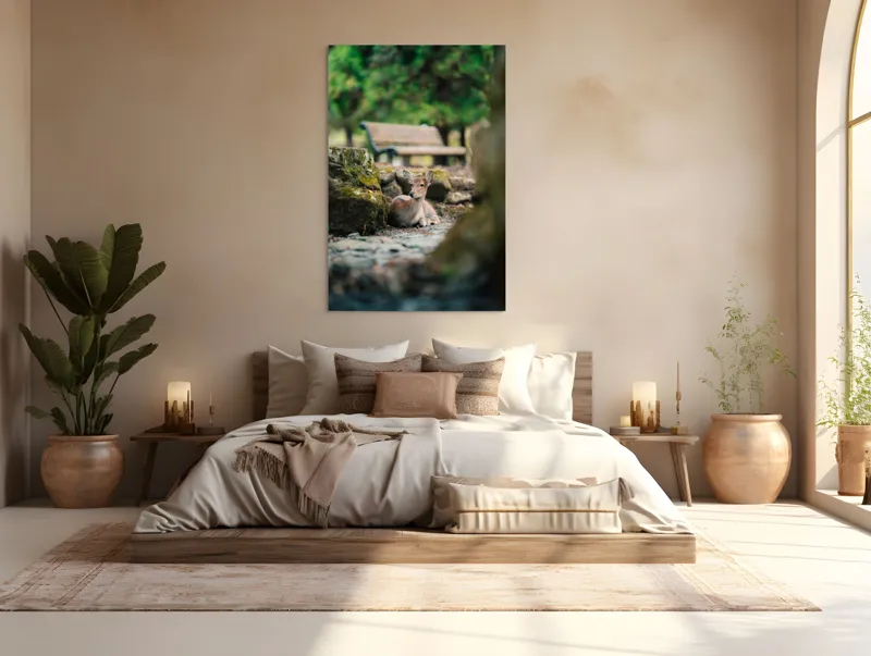 Tablou Canvas, "Caprioara odihnindu-se în pădurea liniștită", Deer, Nature, Resting, Tranquil, Forest, Bench, Mossy, Stones, Serene, 100 x 150 cm – poza 3
