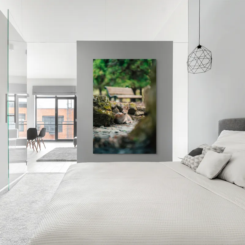 Tablou Canvas, "Caprioara odihnindu-se în pădurea liniștită", Deer, Nature, Resting, Tranquil, Forest, Bench, Mossy, Stones, Serene, 100 x 150 cm – poza 5