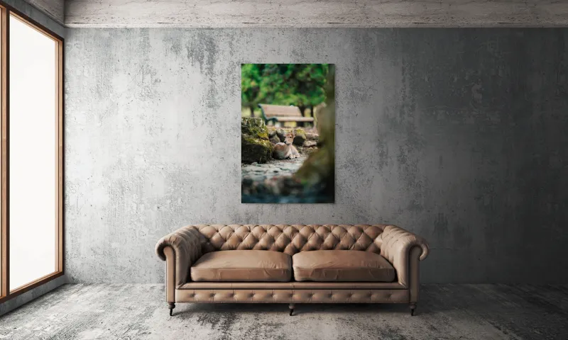 Tablou Canvas, "Caprioara odihnindu-se în pădurea liniștită", Deer, Nature, Resting, Tranquil, Forest, Bench, Mossy, Stones, Serene, 100 x 150 cm – poza 6