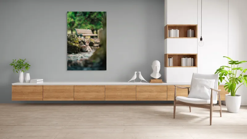 Tablou Canvas, "Caprioara odihnindu-se în pădurea liniștită", Deer, Nature, Resting, Tranquil, Forest, Bench, Mossy, Stones, Serene, 100 x 150 cm – poza 8