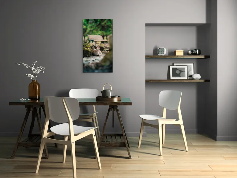 Tablou Canvas, "Caprioara odihnindu-se în pădurea liniștită", Deer, Nature, Resting, Tranquil, Forest, Bench, Mossy, Stones, Serene, 50 x 90 cm – poza 4
